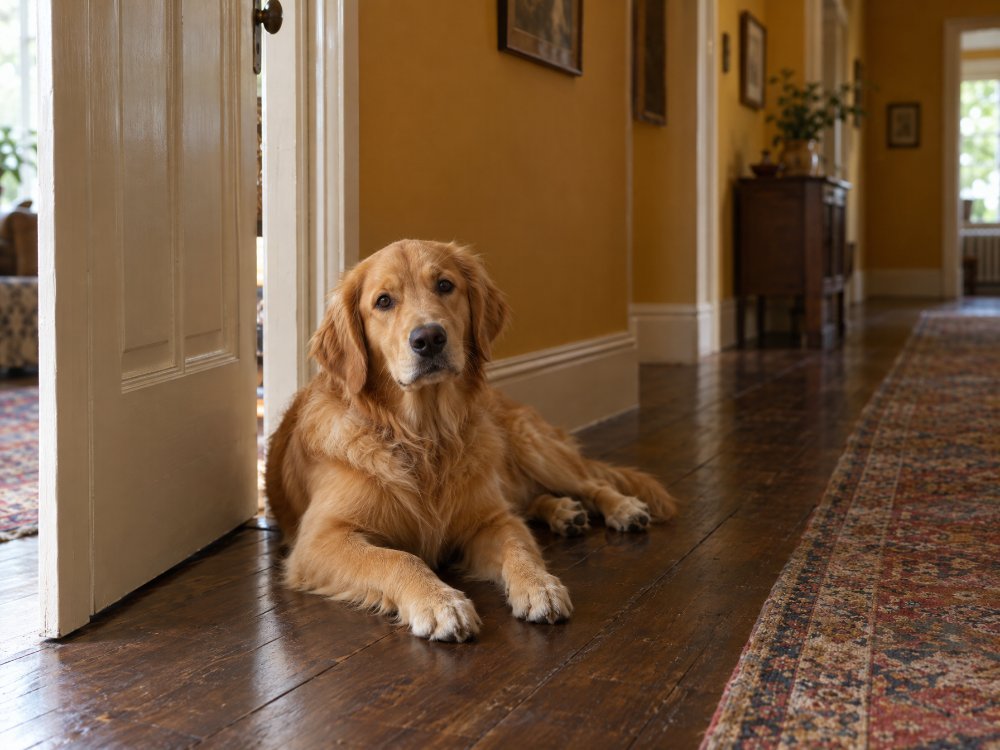 A young retriever lying on a wooden floor by a doorway