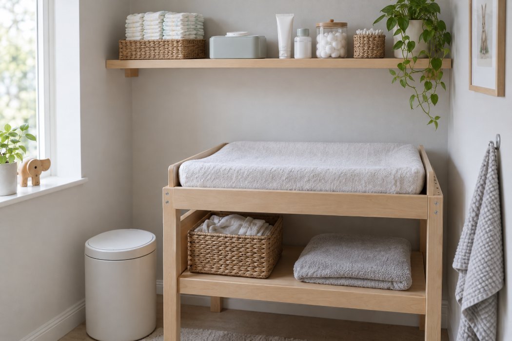A baby changing area with supplies stored on a high shelf