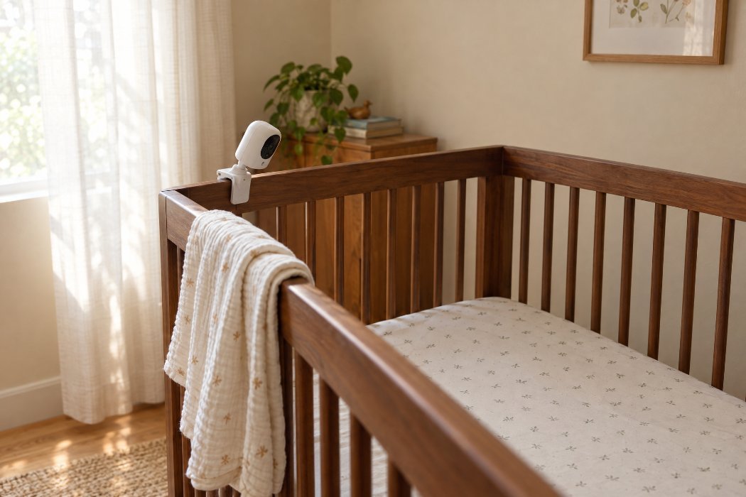 An empty cot with a video monitor clipped to the rail