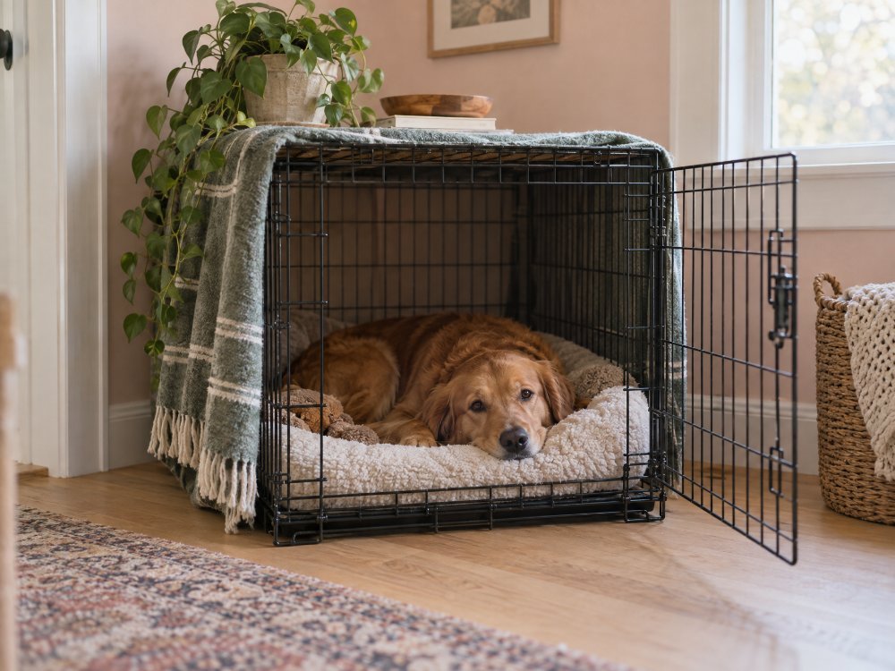 A dog resting inside an open wire crate