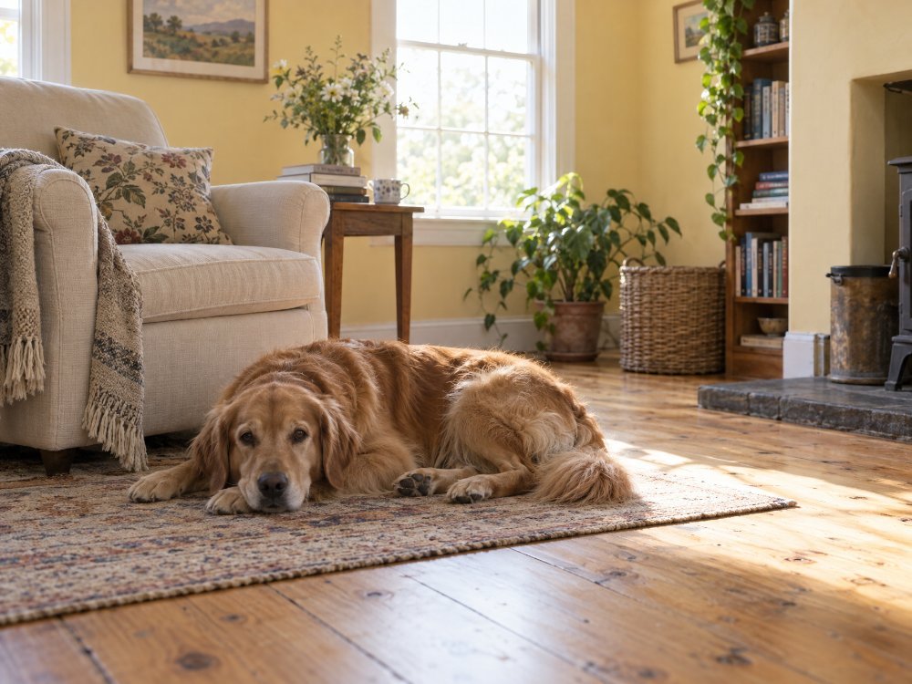 A dog resting quietly at home