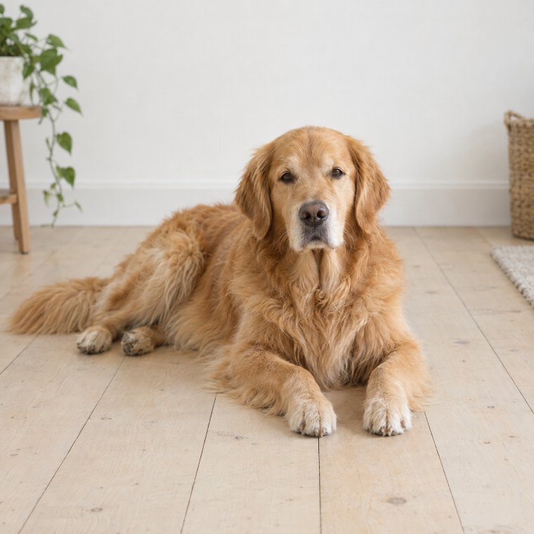 A retriever lying settled on the floor