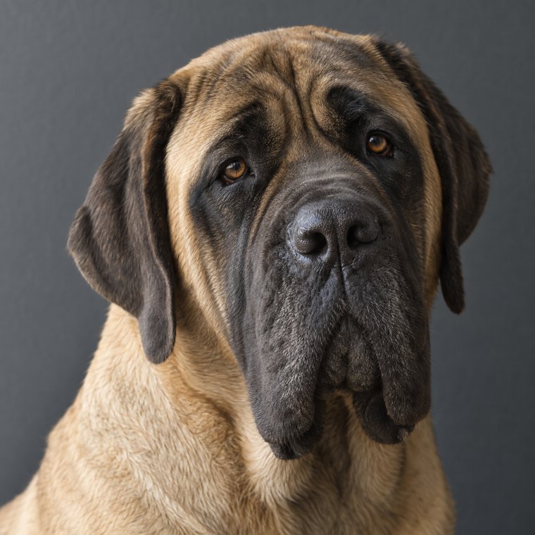 The head of a very large short-coated dog