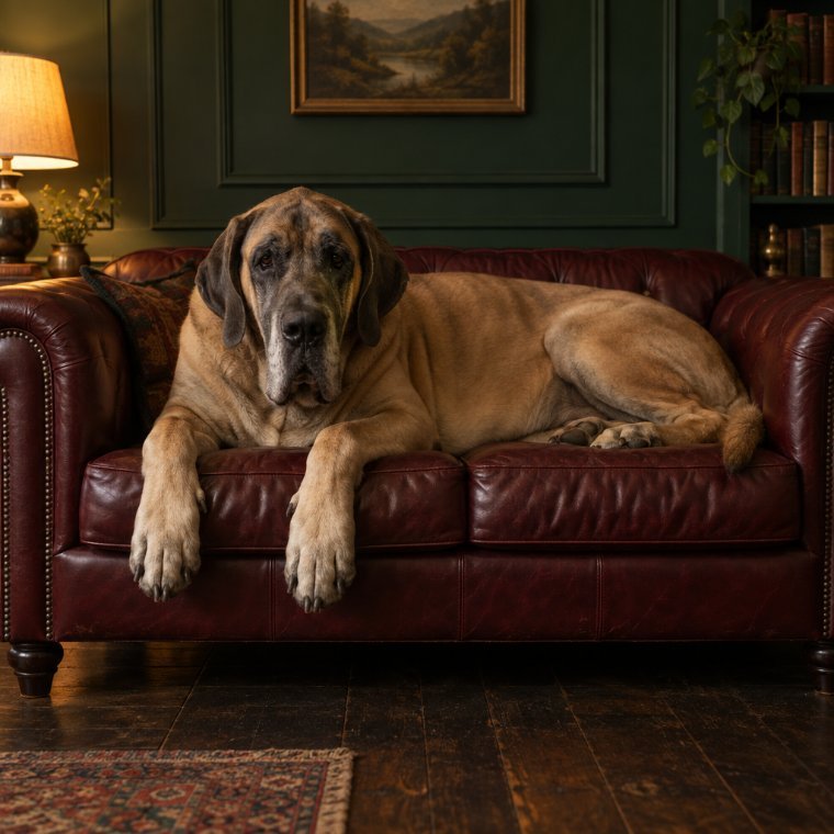 A giant dog lying across a sofa