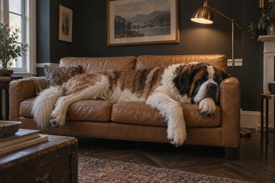 A very large dog lying stretched right across a two-seat sofa