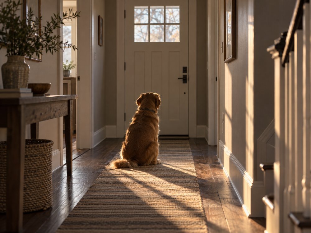 A dog sitting alone in a bright hallway, facing a closed door