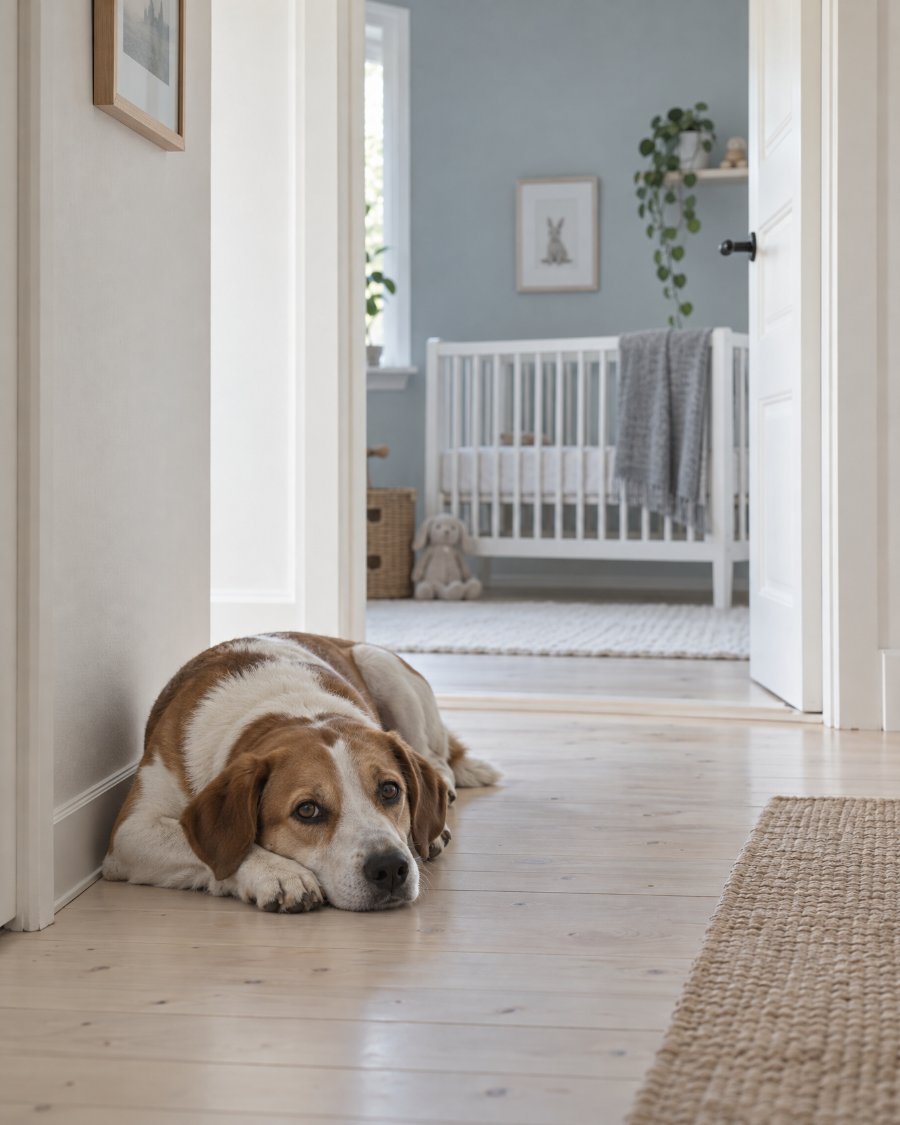 A calm dog lying on the floor outside an open nursery door, an empty cot visible inside