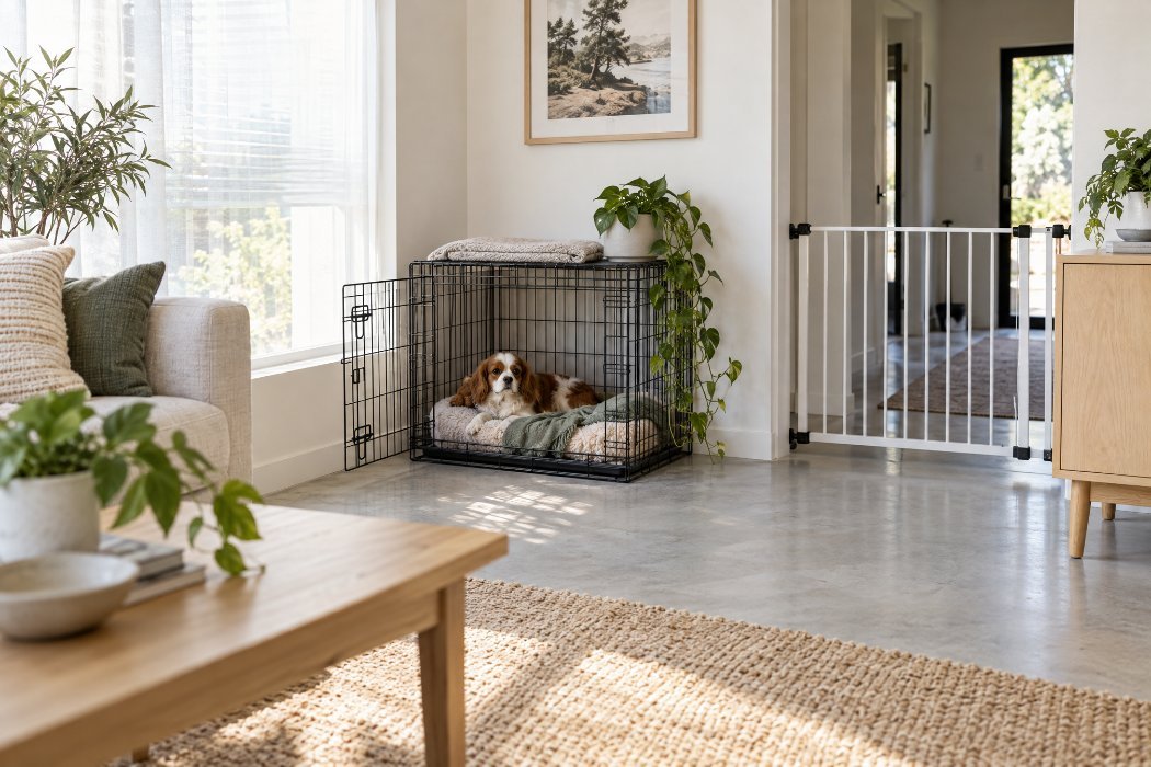 A small dog settled inside an open wire crate in a bright living room
