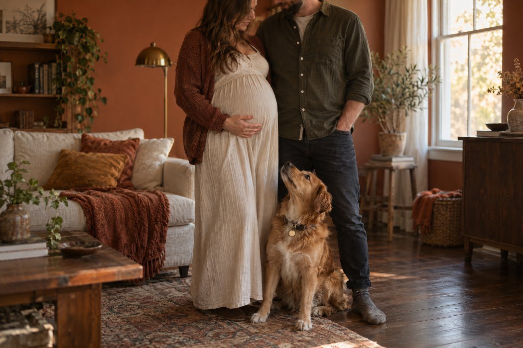 An expectant couple standing in their living room with their dog sitting at their feet