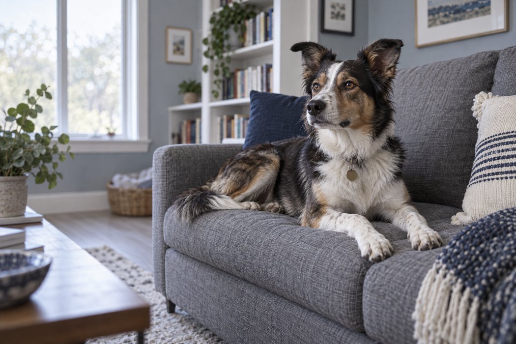 A dog lying on a sofa with its head raised, watching something out of frame