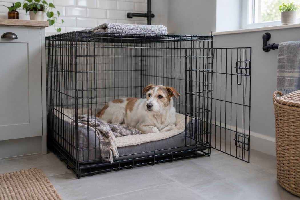 A small dog resting inside a large open wire crate