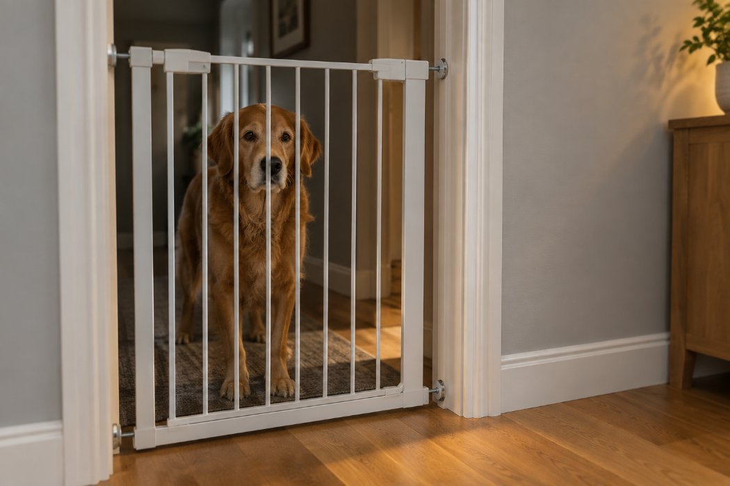 A dog standing behind a tall stair gate fitted across a doorway