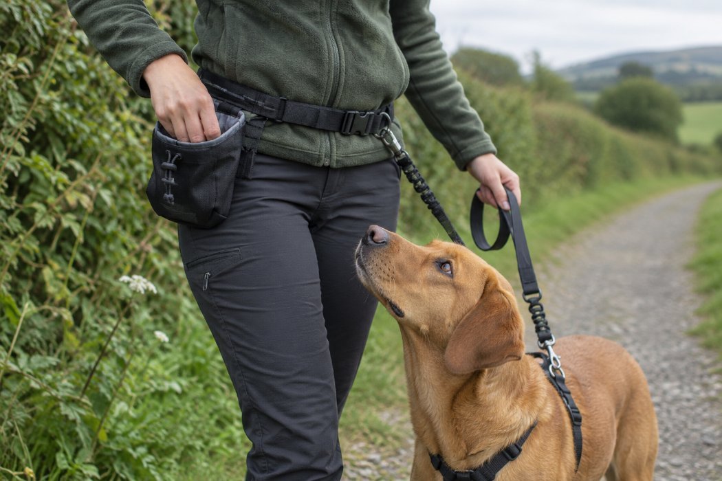 A person on a walk rewarding a dog from a treat pouch at their hip