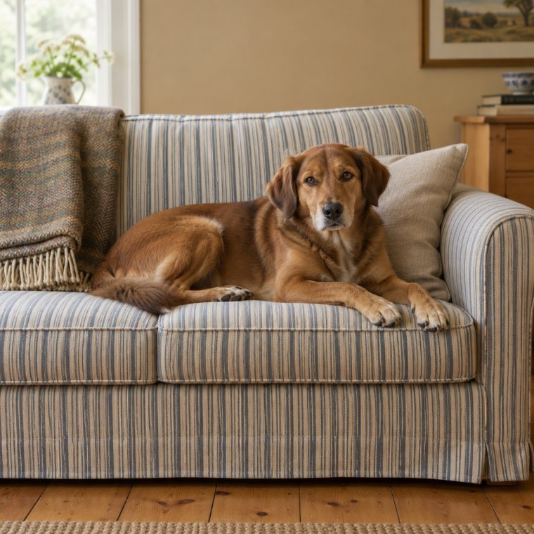 A medium-sized brown dog resting on a sofa