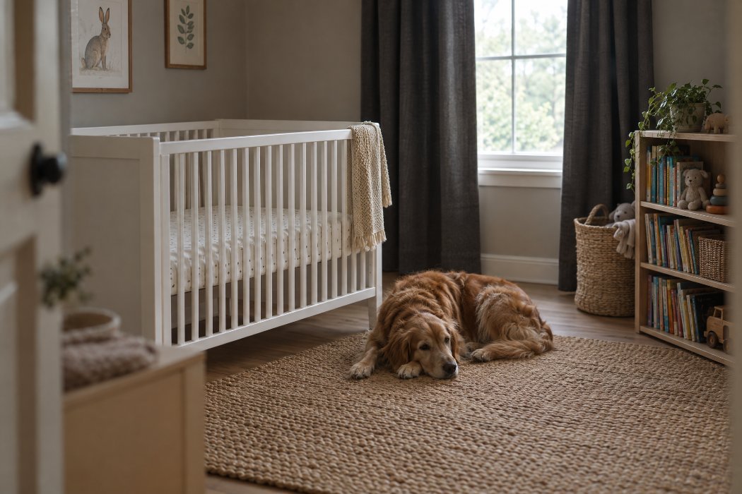 A nursery with an empty cot and a dog lying on the rug