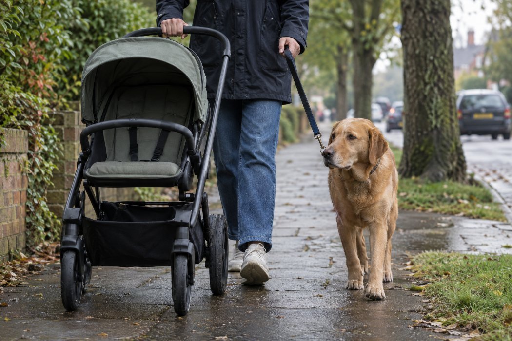 A dog walking calmly beside an empty pushchair on a pavement