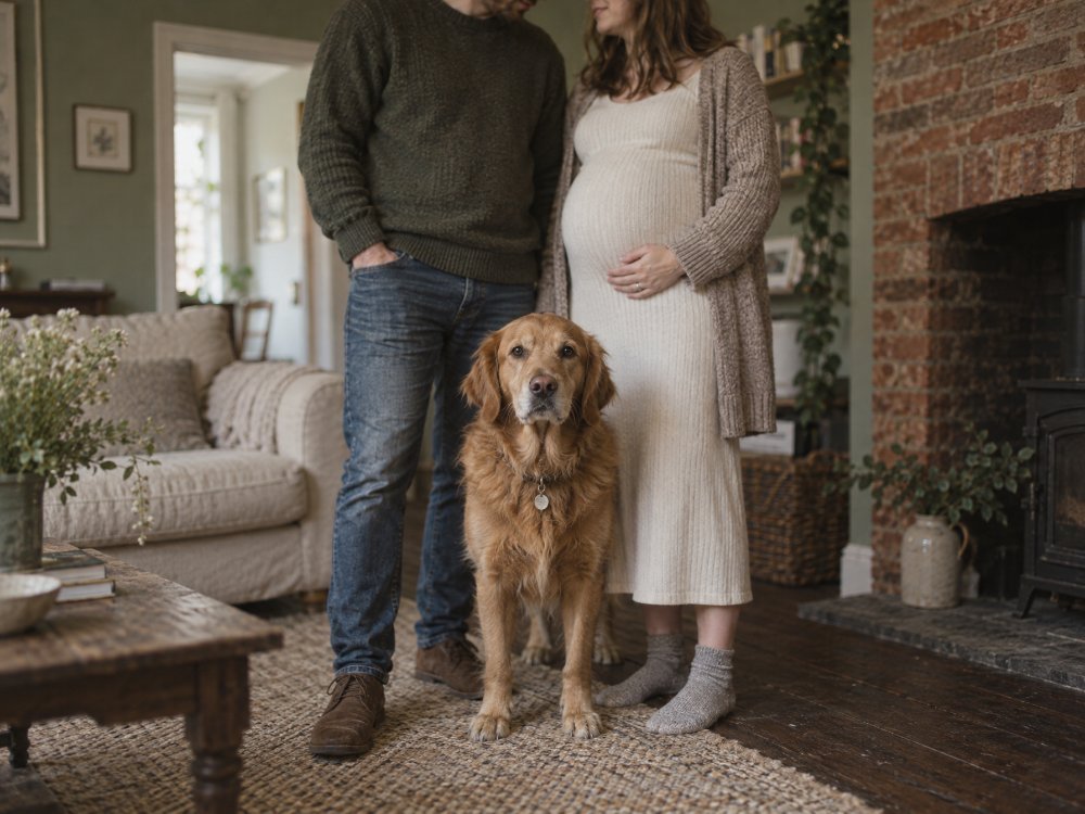 An expectant couple standing either side of their dog