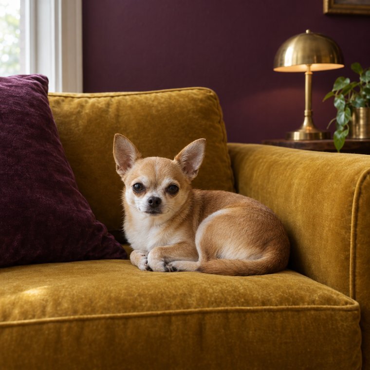 A small chihuahua lying on a couch