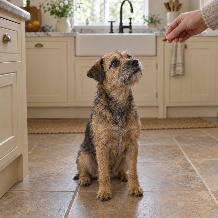 A small terrier being offered a treat