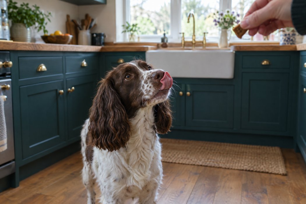 A dog licking its nose while waiting for a treat